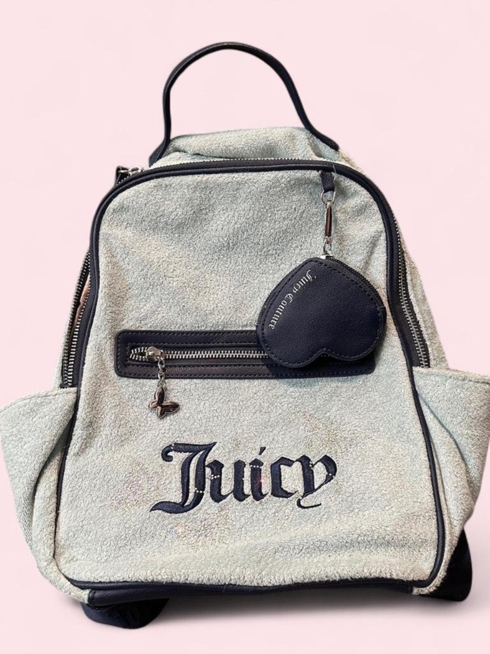 Juicy Couture Sage Green Terry Backpack with Navy Trim